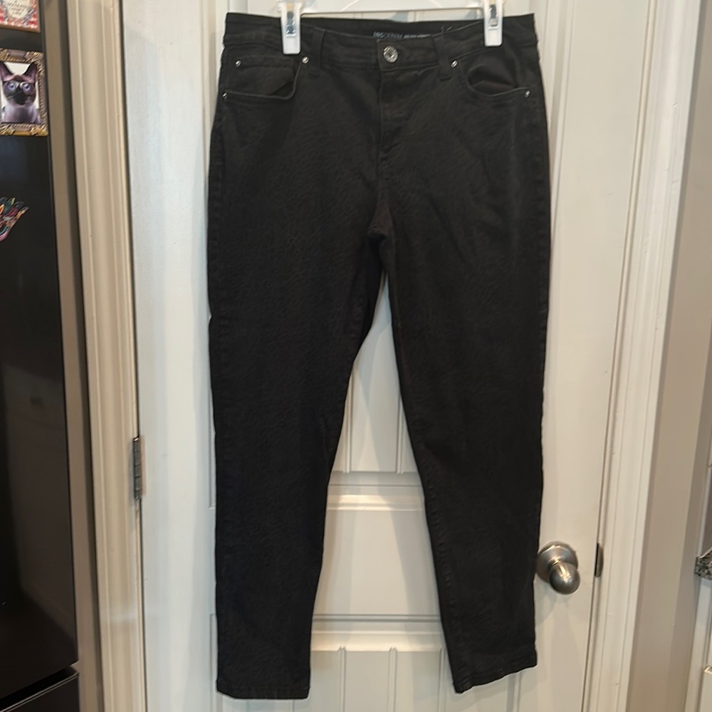 INC denim mid rise, straight black animal, print jeans
